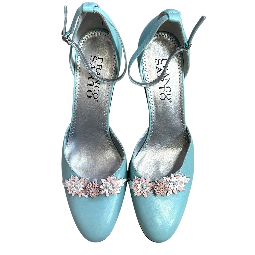 Franco Sarto 9 Blue Floral Leather Heels Coquette Whimsigoth Wedding Guest NWT - Picture 2 of 6